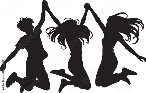 silhouette of friends jumping together clip art vector illustration 