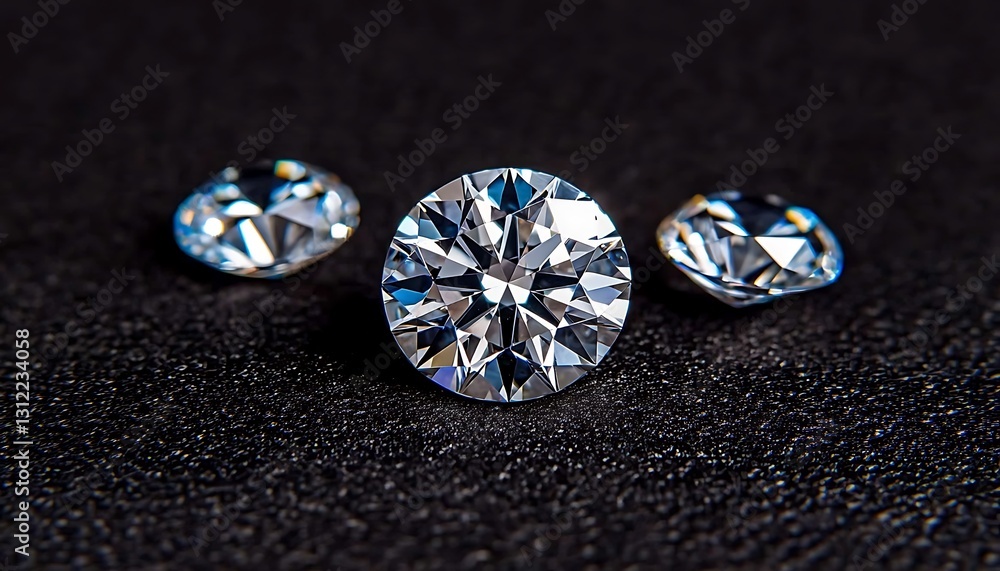Three bright sparkling diamonds sit upon a dark textured surface Three bright sparkling diamonds sit upon a dark textured surface