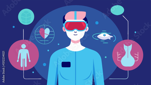 Virtual Reality Diagnostics A patient wearing a VR headset engaged in a diagnostic simulation with holographic images of human anatomy in view.