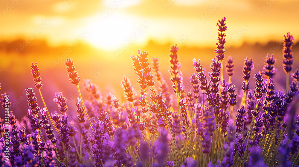 Naklejka premium Tranquil Lavender Field at Golden Sunset