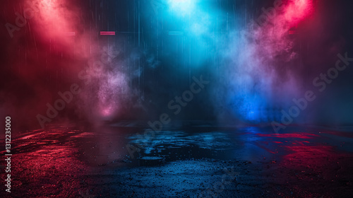 Dark empty space with blue and red neon spotlights, wet asphalt, smoke, and industrial rays. An abstract dark texture with copy space for mockup design.