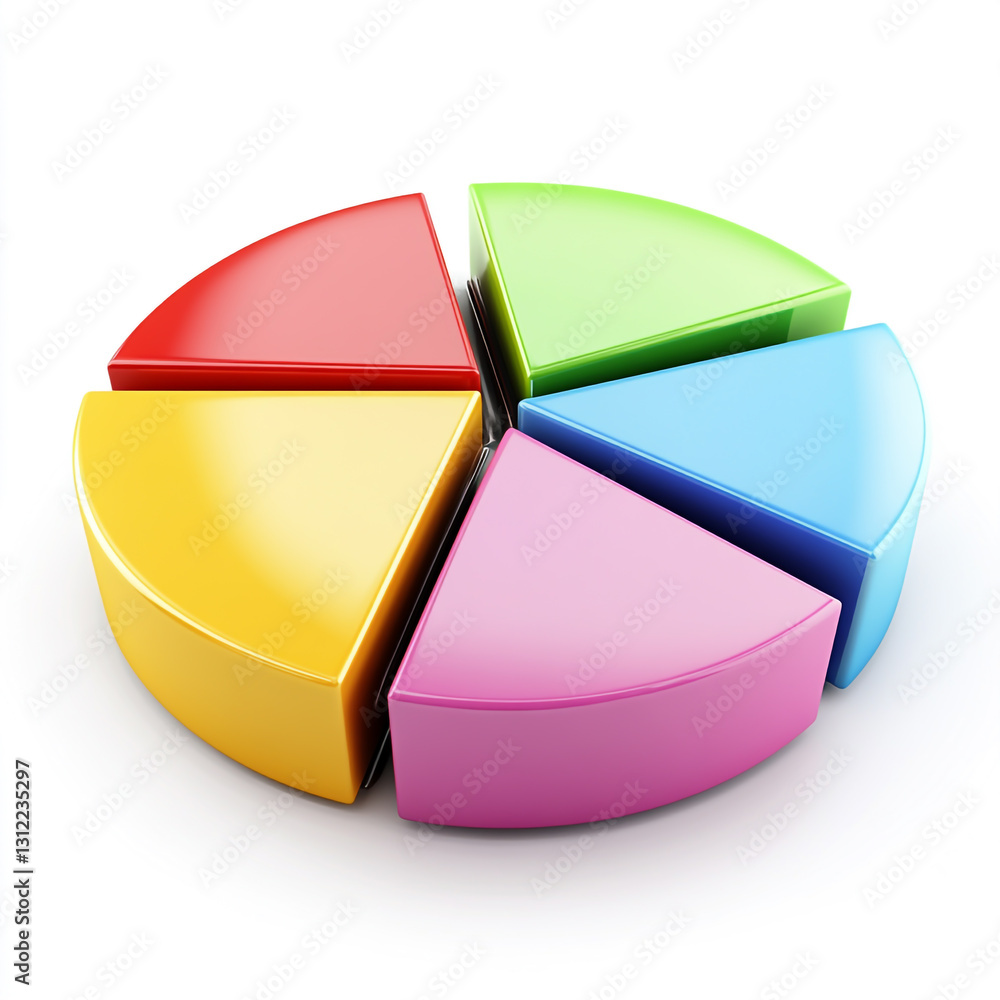 Obraz premium 3D pie chart with six colorful sections isolated on white background