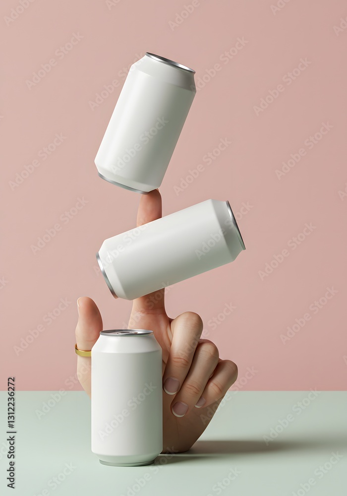 Minimalist and Playful Concept: Plain Cans Balanced on Fingers Against a blush pink Pastel Background Minimalist and Playful Concept: Plain Cans Balanced on Fingers Against a blush pink Pastel Background