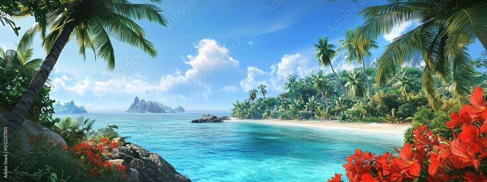 Une île paradisiaque en vue panoramique avec une mer turquoise, une plage de sable, des palmiers et des fleurs rouges, ciel bleu avec nuages en arrière-plan. Une île paradisiaque en vue panoramique avec une mer turquoise, une plage de sable, des palmiers et des fleurs rouges, ciel bleu avec nuages en arrière-plan.
