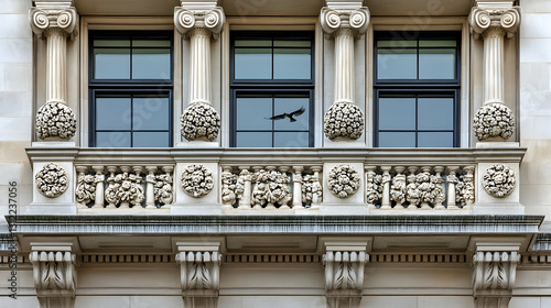 Ornate stone building facade with decorative balcony