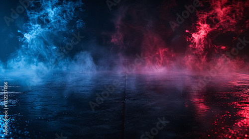Wallpaper Mural Dark empty space with blue and red neon spotlights, wet asphalt, smoke, and industrial rays. An abstract dark texture with copy space for mockup design. Torontodigital.ca