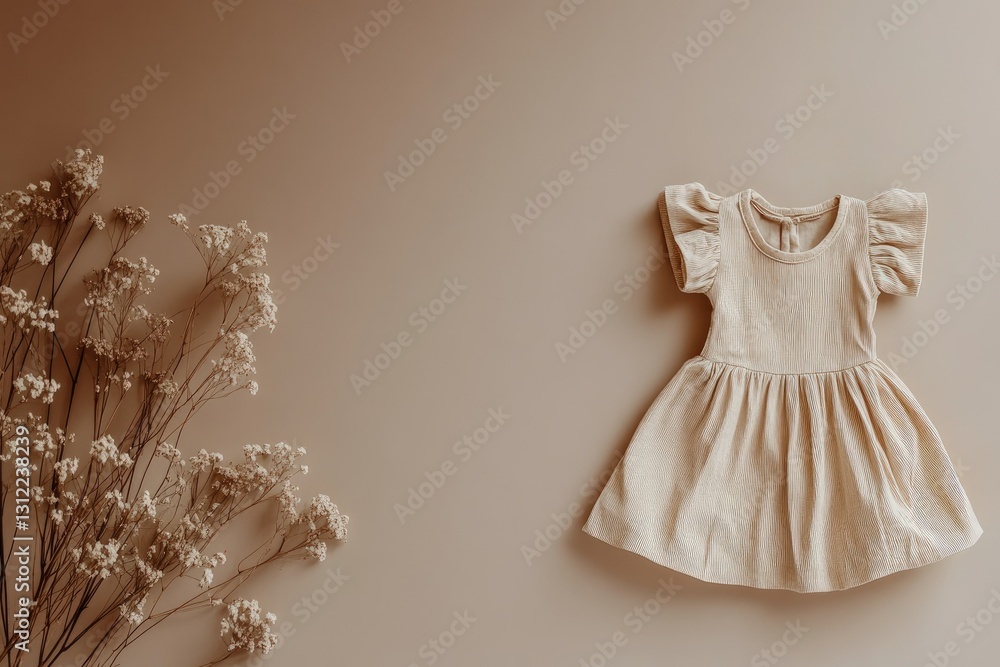 High Definition Picture of Top View Flat Lay Beige Children Dress on Beige Background High Definition Picture of Top View Flat Lay Beige Children Dress on Beige Background