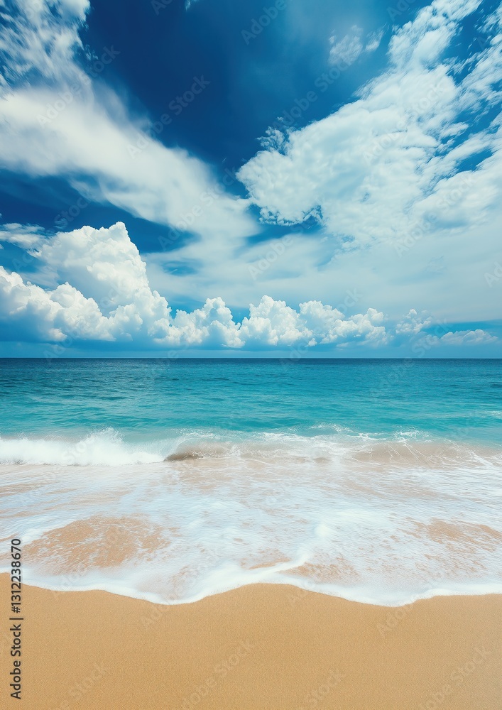 Plage magnifique, avec ciel bleu et nuages blancs, rivage sablonneux et vagues dans l'océan, arrière-plan de vacances d'été, de voyage et de tourisme. Plage magnifique, avec ciel bleu et nuages blancs, rivage sablonneux et vagues dans l'océan, arrière-plan de vacances d'été, de voyage et de tourisme.