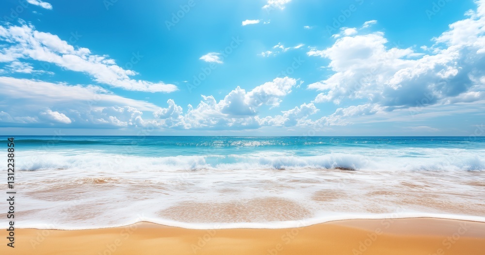 Obraz premium Plage magnifique avec ciel bleu et nuages ​​blancs, rivage sablonneux et vagues dans l'océan, arrière-plan de vacances d'été, de voyage et de tourisme.