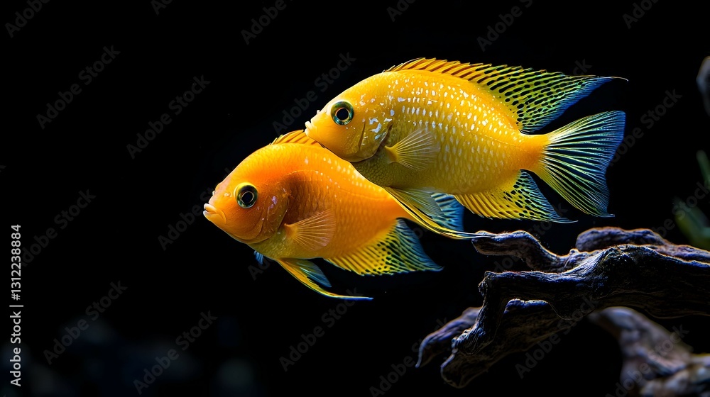 Two Vivid Yellow Fish in Dark Aquarium Two Vivid Yellow Fish in Dark Aquarium