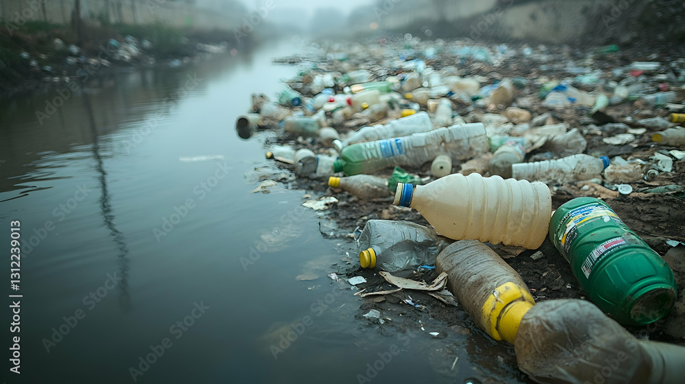 Fototapeta premium Plastic pollution in a waterway.