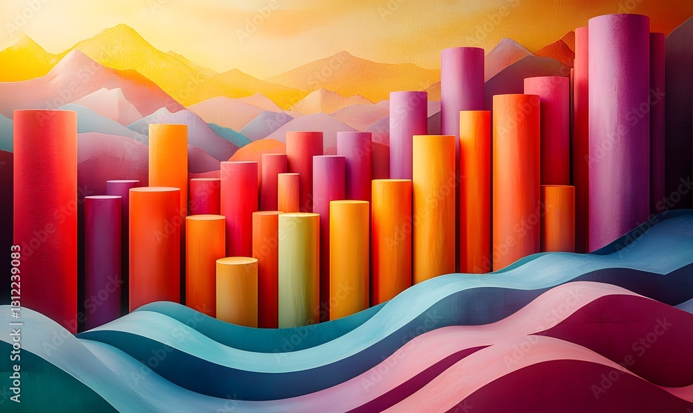 Obraz premium Abstract Colorful Cylinders and Waves with Mountain Backdrop Vibrant Art