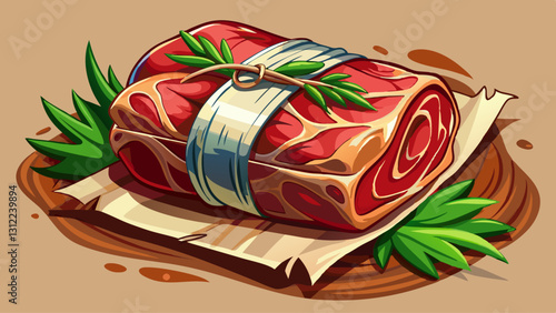 This captivating image features a fresh beef steak wrapped in butcher paper, emphasizing its freshness and the idea of quality meats available for gourmet cooking