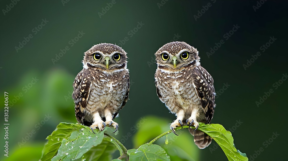 Two Baby Owls Perched on a Branch with Green Leaves Two Baby Owls Perched on a Branch with Green Leaves