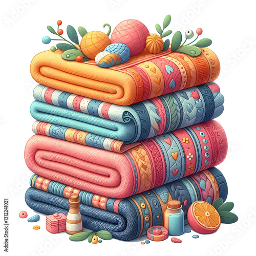 Colorful folded towels for bath room side view isolate on White background