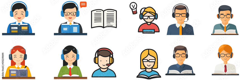 set of business icons: support, learning, training, reading; student, library, bookstore, client service symbol set of business icons: support, learning, training, reading; student, library, bookstore, client service symbol