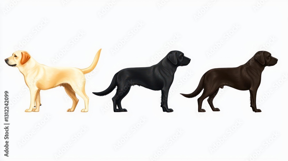 Three Labrador Retrievers in Profile Against White Background Three Labrador Retrievers in Profile Against White Background