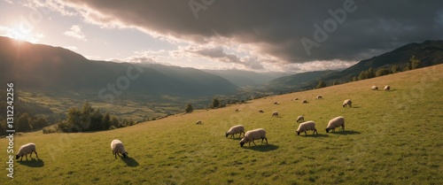 Sheep flock grazing in mountains on green grass meadow