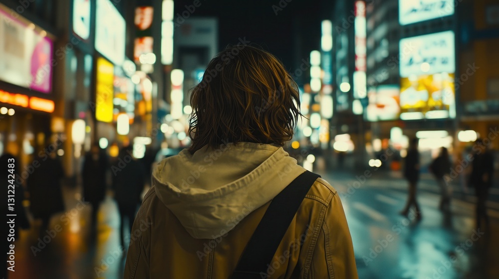 Obraz premium Person standing on vibrant illuminated city street at night.
