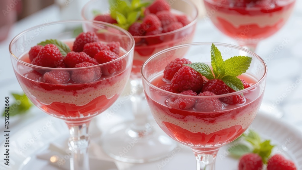 Colorful Dessert Glasses Filled with Raspberry Panna Cotta Garnished with Fresh Mint Leaves Colorful Dessert Glasses Filled with Raspberry Panna Cotta Garnished with Fresh Mint Leaves