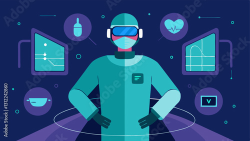 Virtual Reality Training A surgeon wearing a virtual reality headset practicing robotic on a holographic model of a patient surrounded by futuristic displays and feedback