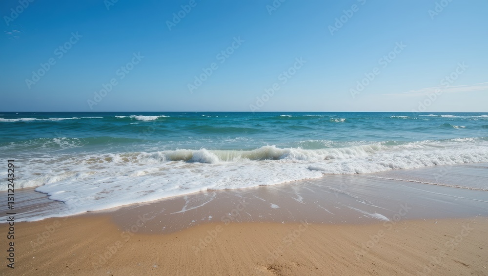 Expansive View of Waves Gently Rolling onto Sandy Beach Under Clear Blue Sky Expansive View of Waves Gently Rolling onto Sandy Beach Under Clear Blue Sky