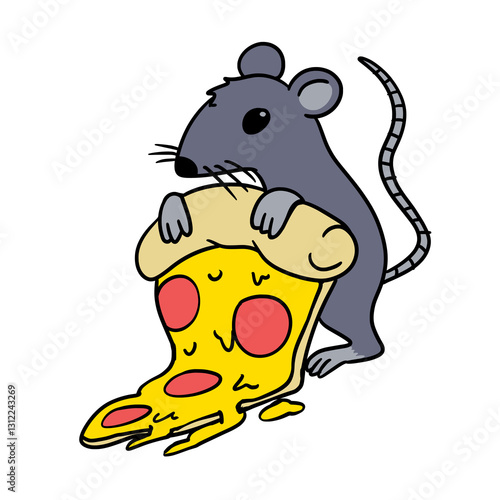 Vector Illustration of a Cartoon Rat Holding a Slice of Pizza