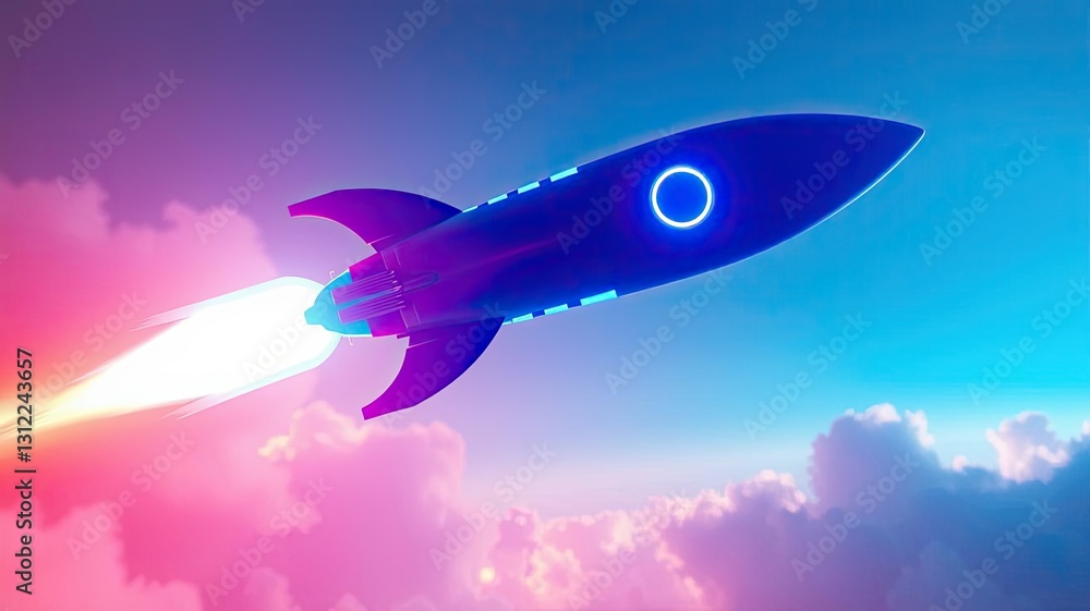 Fototapeta premium Futuristic Rocket Launching Through Colorful Cloudscape