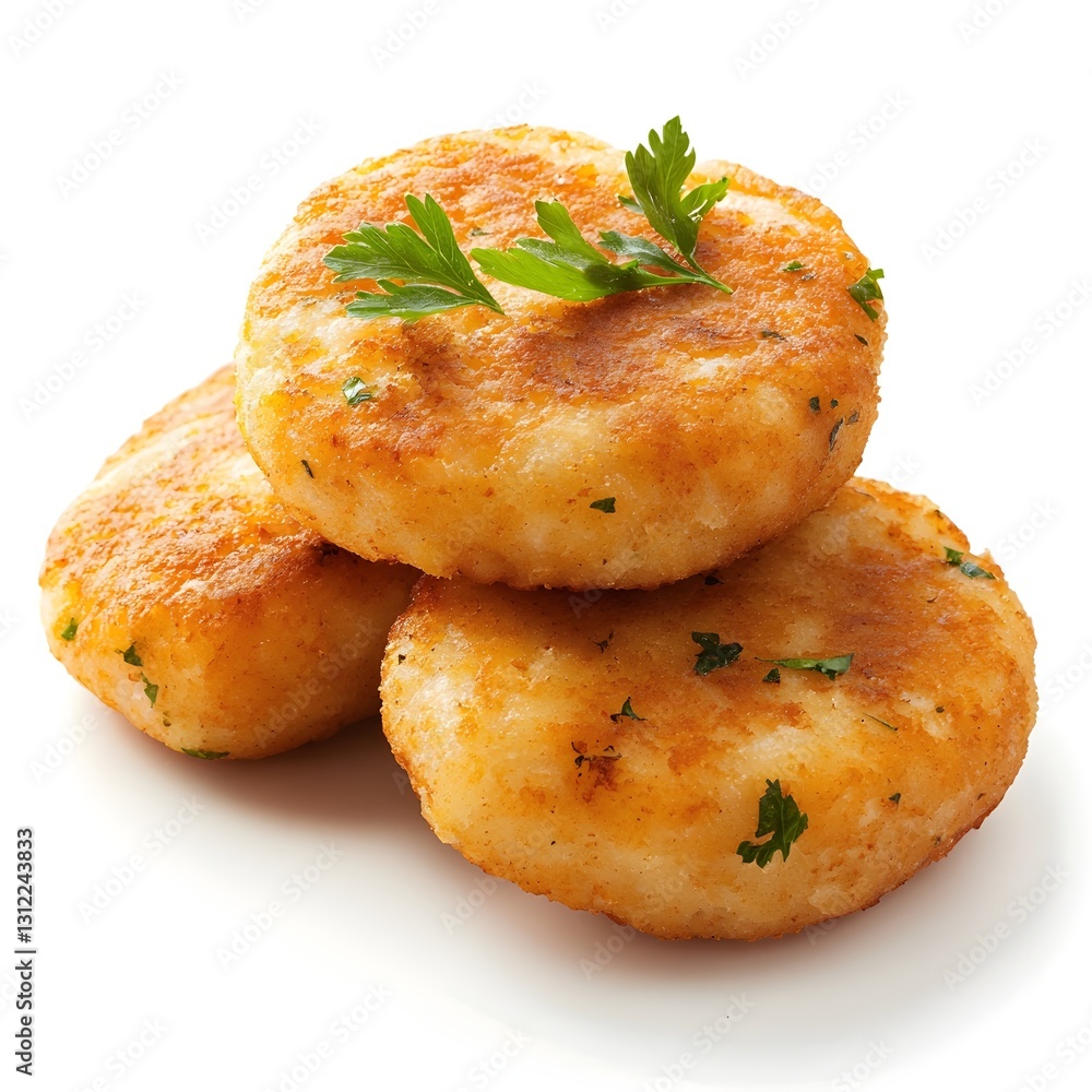 Pastéis de Bacalhau (Salted Codfish Cakes), Side View, Isolated on White Background Pastéis de Bacalhau (Salted Codfish Cakes), Side View, Isolated on White Background