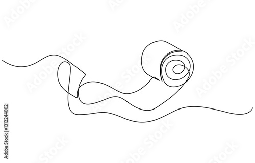 Toilet paper in continuous line art drawing style, Continuous line of paper roll. one line drawing of a roll of printer paper, a roll of tissue. minimalist single line vector illustration.