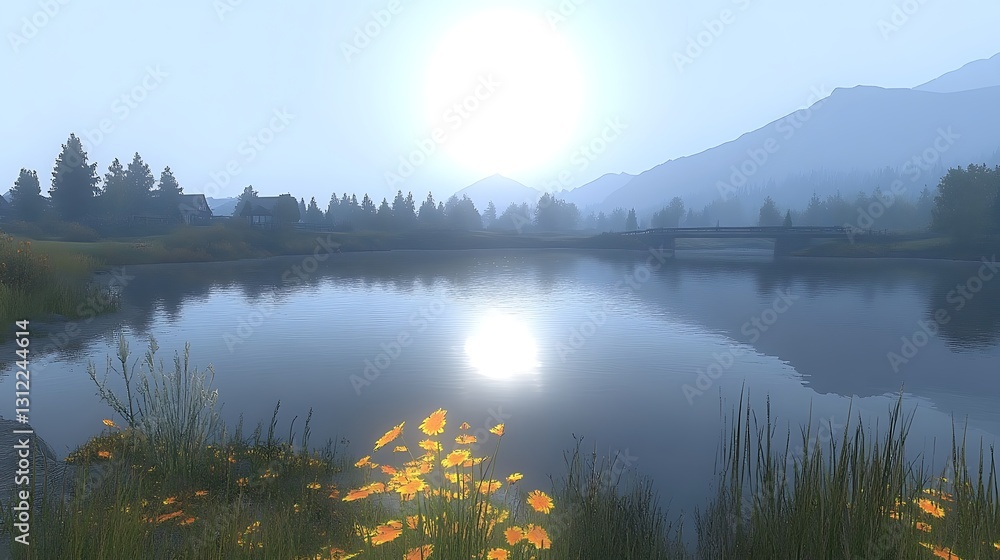 Obraz premium Calm lake reflection at sunrise with mountains