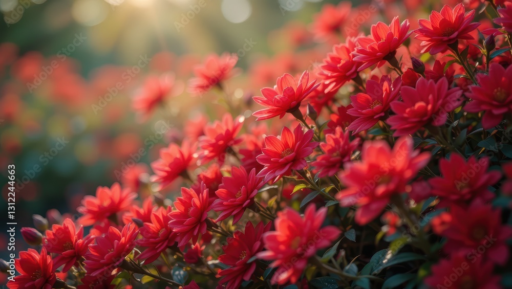 Vibrant Red Blossoms Bathed in Gentle Sunlight in a Lush Garden Setting Vibrant Red Blossoms Bathed in Gentle Sunlight in a Lush Garden Setting