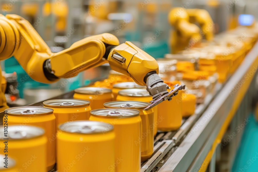 A food production line where robots are packaging, labeling, and sealing products such as canned goods, snacks, or beverages, ensuring high efficiency and hygiene. A food production line where robots are packaging, labeling, and sealing products such as canned goods, snacks, or beverages, ensuring high efficiency and hygiene.