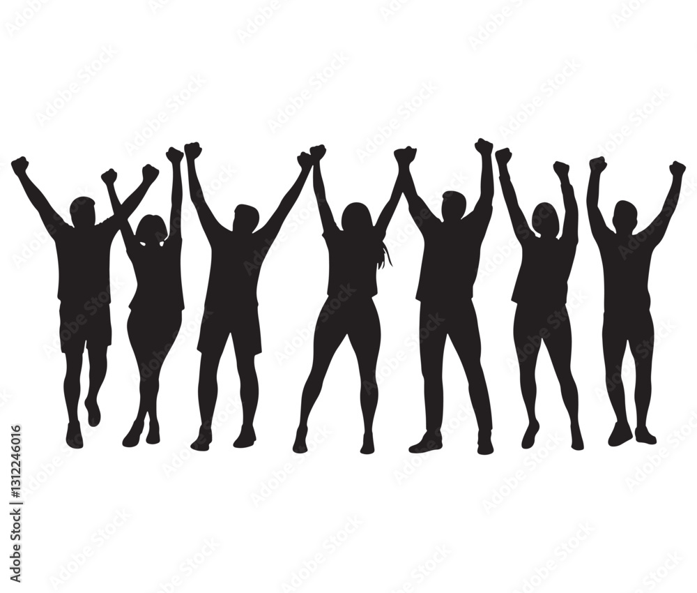 Fototapeta premium Crowd cheering with raised hands silhouette. Celebration silhouettes the joy of success. A cheerful group illustration