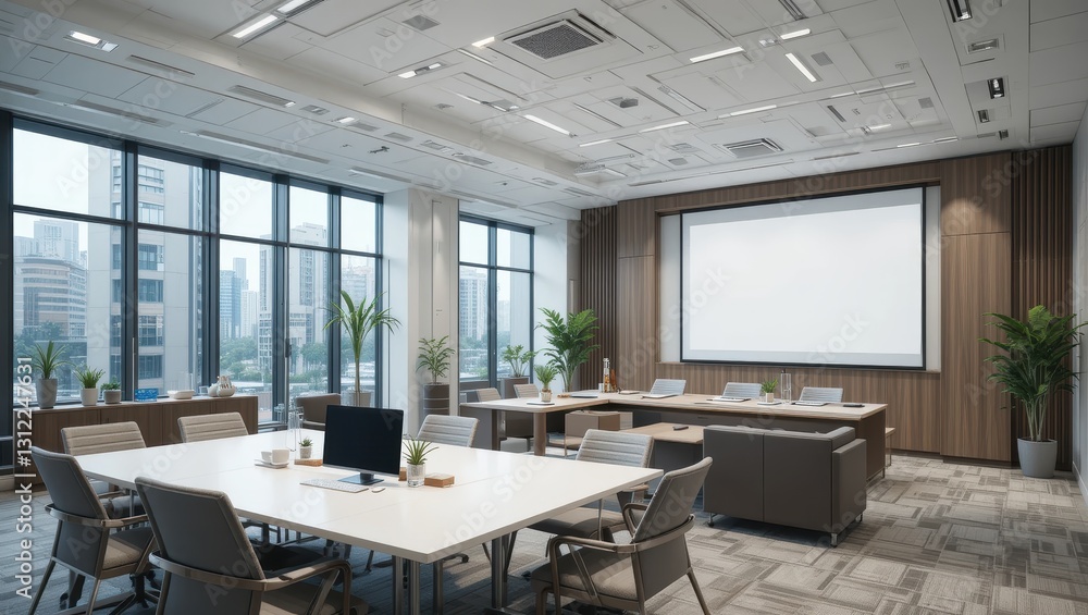Spacious Modern Conference Room with Large Windows and Contemporary Furniture in Urban Office Spacious Modern Conference Room with Large Windows and Contemporary Furniture in Urban Office