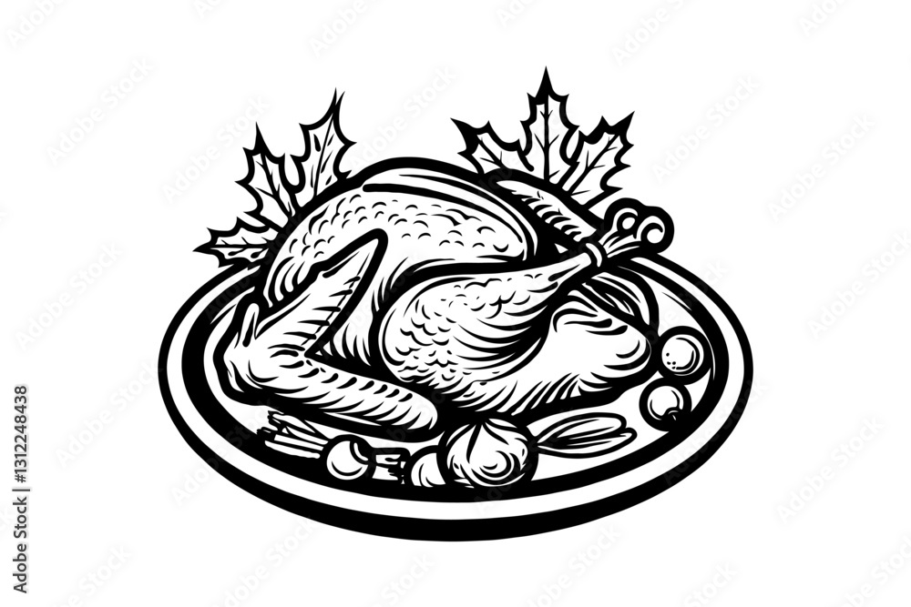 Roasted turkey on a platter with garnish, depicted in black and white on a plain background. Concept of festive food and holiday meals Roasted turkey on a platter with garnish, depicted in black and white on a plain background. Concept of festive food and holiday meals