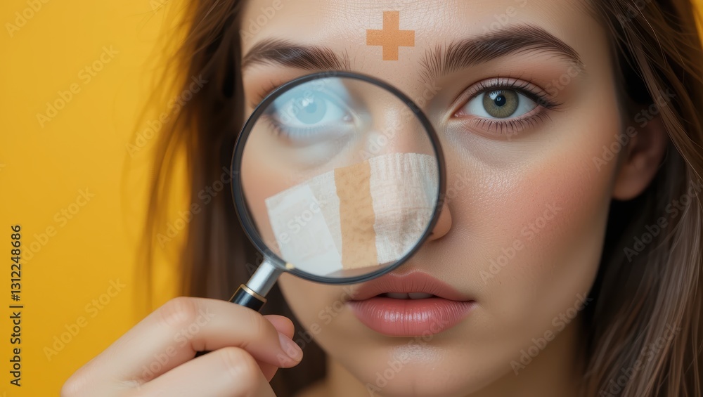 Young Woman Holding Magnifying Glass in Front of Her Face Analyzing Skincare Products on Yellow Background Young Woman Holding Magnifying Glass in Front of Her Face Analyzing Skincare Products on Yellow Background