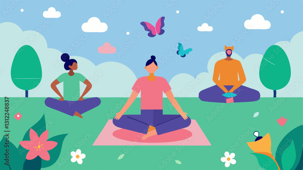 Yoga Session A peaceful outdoor setting with participants in various yoga poses on colorful mats surrounded by flowers and butterflies highlighting physical activity and Yoga Session A peaceful outdoor setting with participants in various yoga poses on colorful mats surrounded by flowers and butterflies highlighting physical activity and