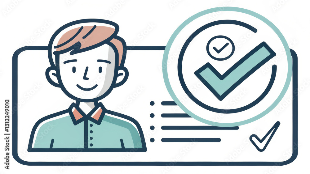 cartoon illustration of user profile icon features smiling person with checkmark symbol, indicating verification or approval. design is simple and uses soft color palette cartoon illustration of user profile icon features smiling person with checkmark symbol, indicating verification or approval. design is simple and uses soft color palette