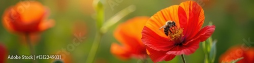 Busy bee hovering near scarlet poppy, collecting nectar, blossom, wildlife photography, nature photography