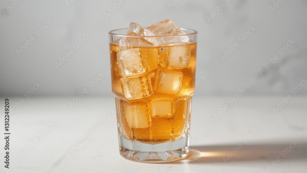 Close Up of a Refreshing Cold Beverage with Ice Cubes Served in a Clear Glass on a White Background Close Up of a Refreshing Cold Beverage with Ice Cubes Served in a Clear Glass on a White Background