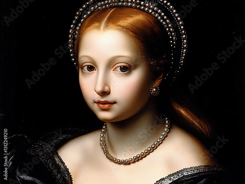 Pearl-adorned maiden portrait, dark background