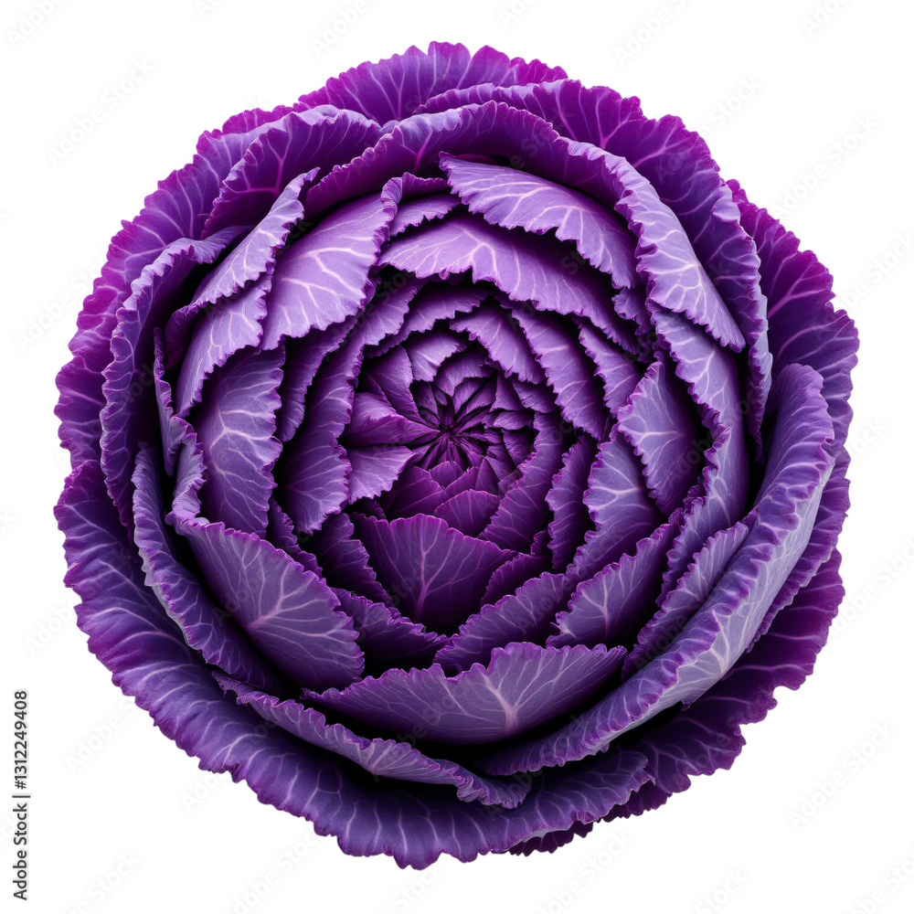 Obraz premium A striking close-up of a deep purple ornamental cabbage, showcasing its intricate, layered leaves