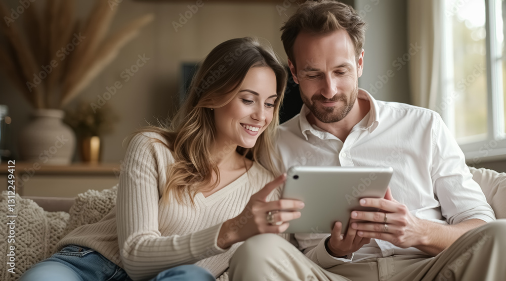 smiling couple sharing a tablet exhibiting intimacy and connection smiling couple sharing a tablet exhibiting intimacy and connection