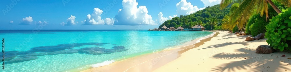Crystal clear water, golden sand, abundant tropical vegetation , beach, mediterranean sea Crystal clear water, golden sand, abundant tropical vegetation , beach, mediterranean sea