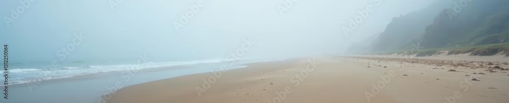 Beach shrouded in thick fog, only glimpses of sand, blue, landscape, ocean Beach shrouded in thick fog, only glimpses of sand, blue, landscape, ocean