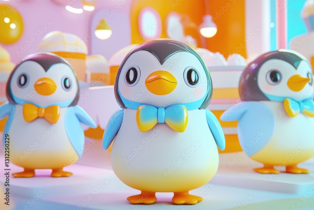 Obraz premium Three adorable cartoon penguins wearing bow ties stand near pastel cakes in a whimsical setting.