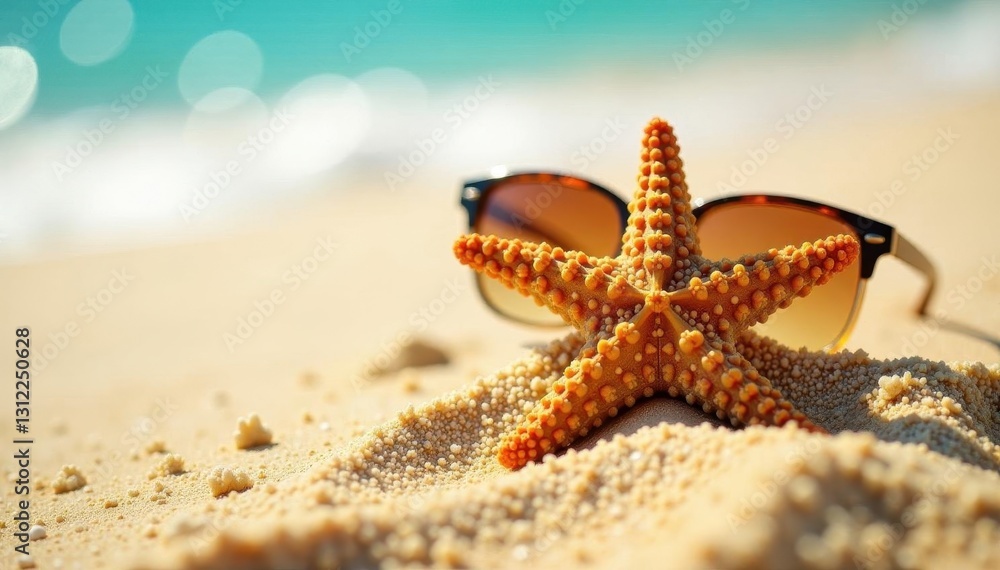 Cool starfish in sunglasses on sunny beach sand , oceanside, tropical beach, marine life Cool starfish in sunglasses on sunny beach sand , oceanside, tropical beach, marine life