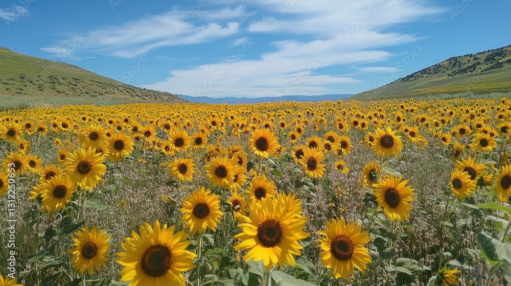 Obraz premium Vibrant Yellow Sunflower Field Under Blue Sky