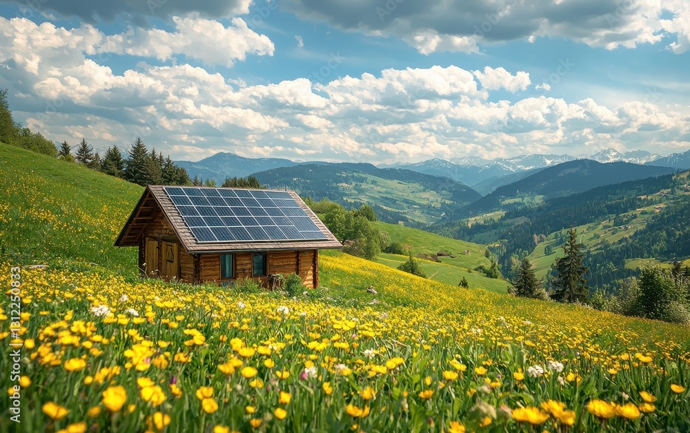 Fototapeta premium Solar-Powered Cabin Nestled In A Blooming Spring Valley